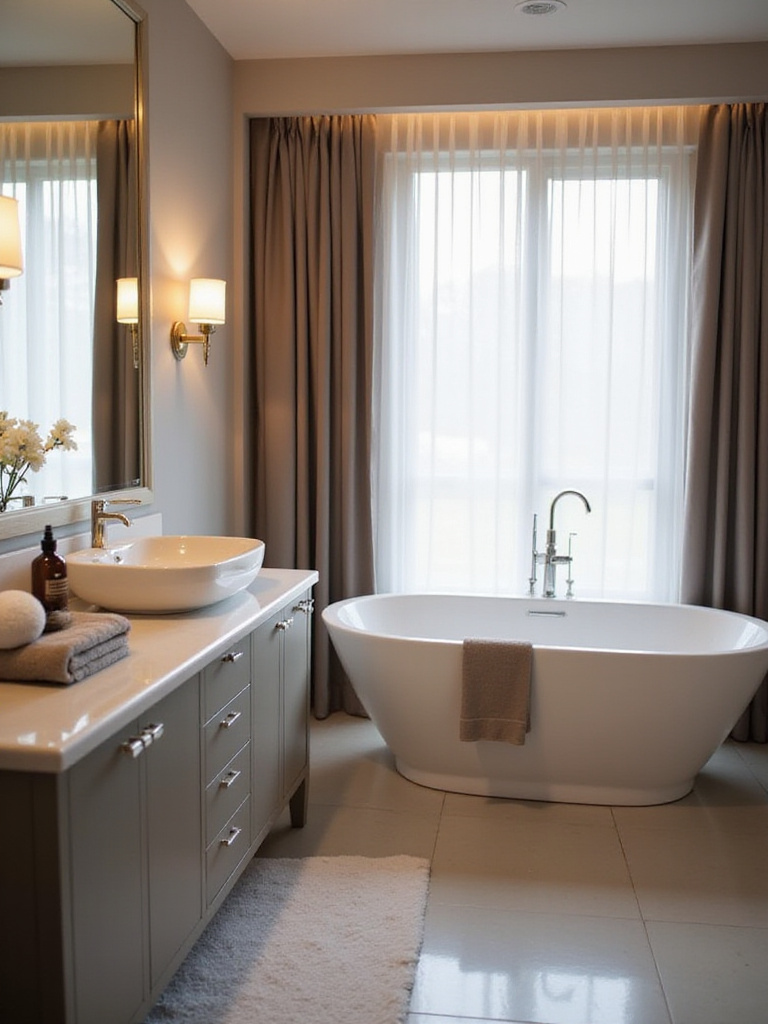 Luxurious bathroom designed as a personal spa retreat with soft lighting and aromatherapy.