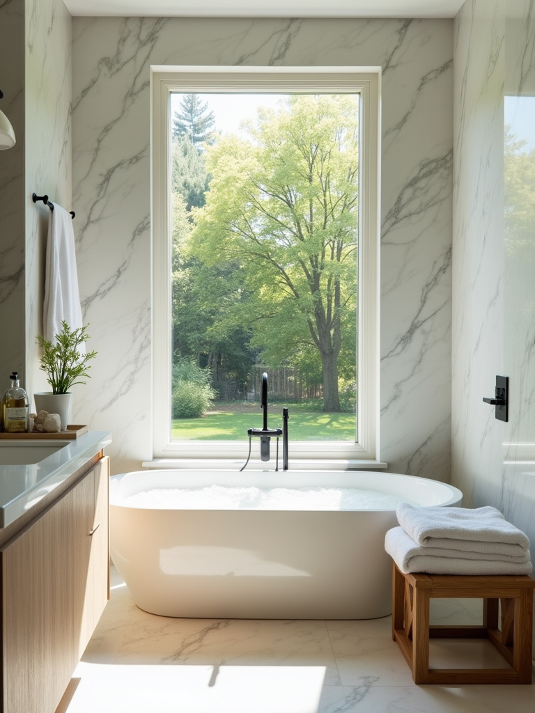 Relaxing spa bathroom with white marble, freestanding tub, and natural light