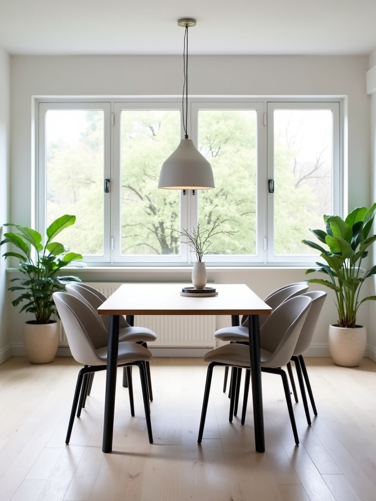 Contemporary modern dining table with oak wood top and black metal legs in a bright, Scandinavian-style dining room.