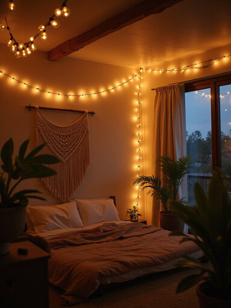 Boho bedroom interior with twinkling string lights creating a magical ambiance