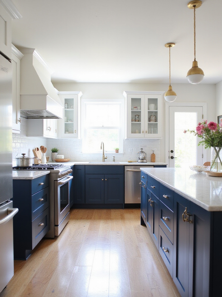 Modern kitchen with navy blue lower cabinets and white upper cabinets.