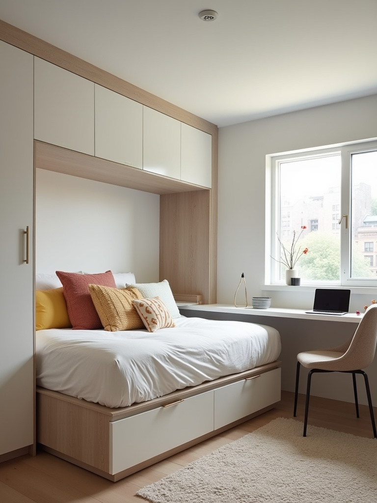 Small bedroom design featuring a bed with built-in storage and a fold-down desk, maximizing space.