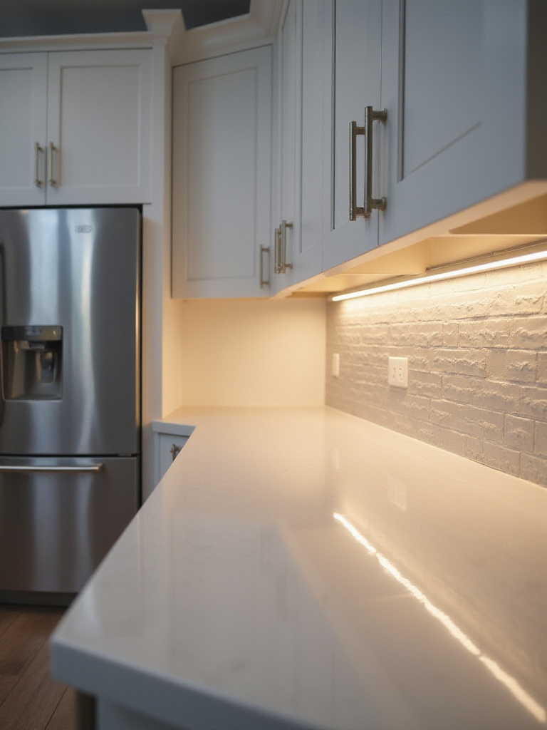 Modern kitchen with under-cabinet LED lighting illuminating countertop and backsplash