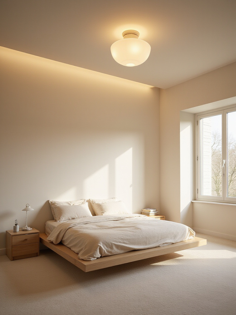 Minimalist bedroom with a round frosted glass flush mount light providing soft, diffused illumination.