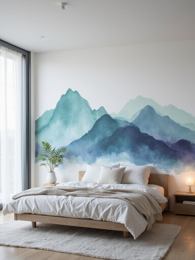 Bedroom with a calming watercolor mountain range DIY mural on the wall behind the bed.