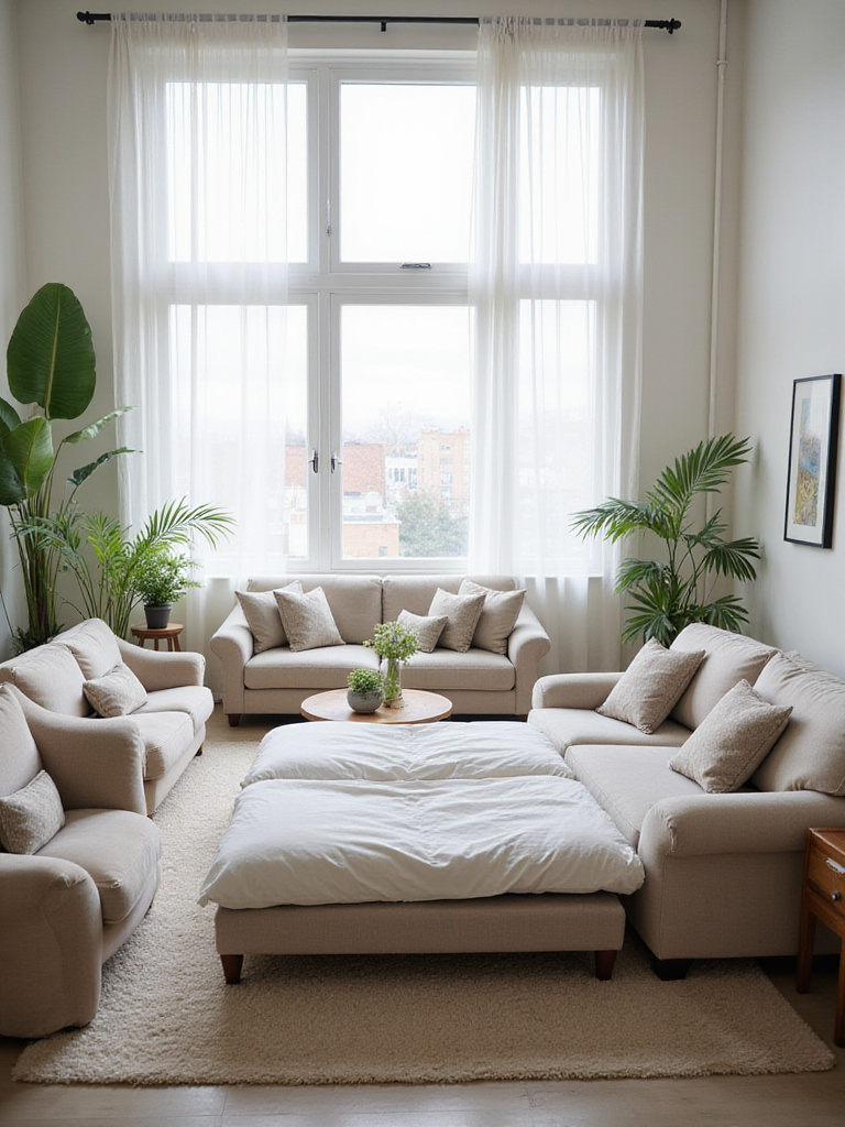 Different types of couches in a living room setting: sofa, sectional, loveseat, and sleeper sofa