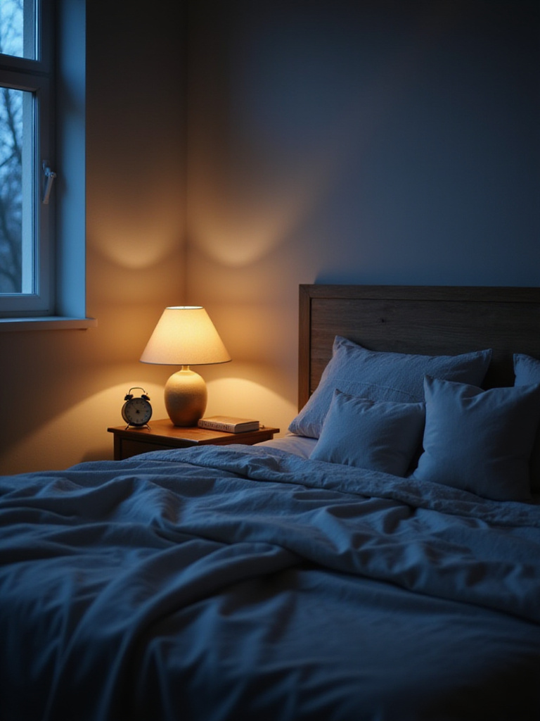 Tech-free bedroom with soft lighting, comfortable bedding, and a traditional alarm clock, promoting relaxation and better sleep.