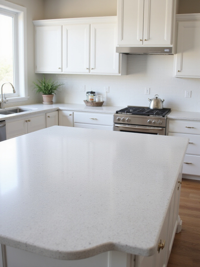 Modern kitchen with white cabinets and light gray quartz countertops with waterfall edge island