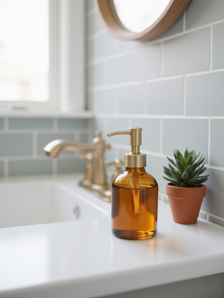 Stylish amber glass soap dispenser with gold pump on a bathroom vanity