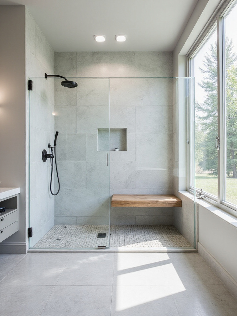 Luxurious walk-in shower with frameless glass enclosure, teak bench, and light grey porcelain tiles.
