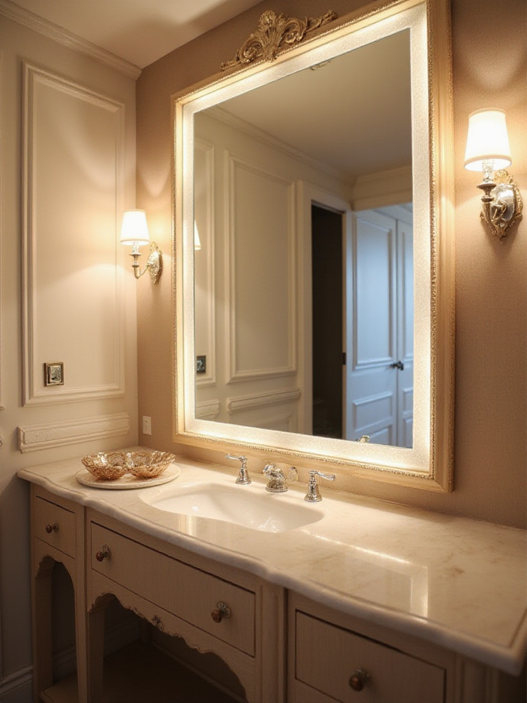 Bedroom dressing area with vanity featuring sconces and LED strip lighting around the mirror.