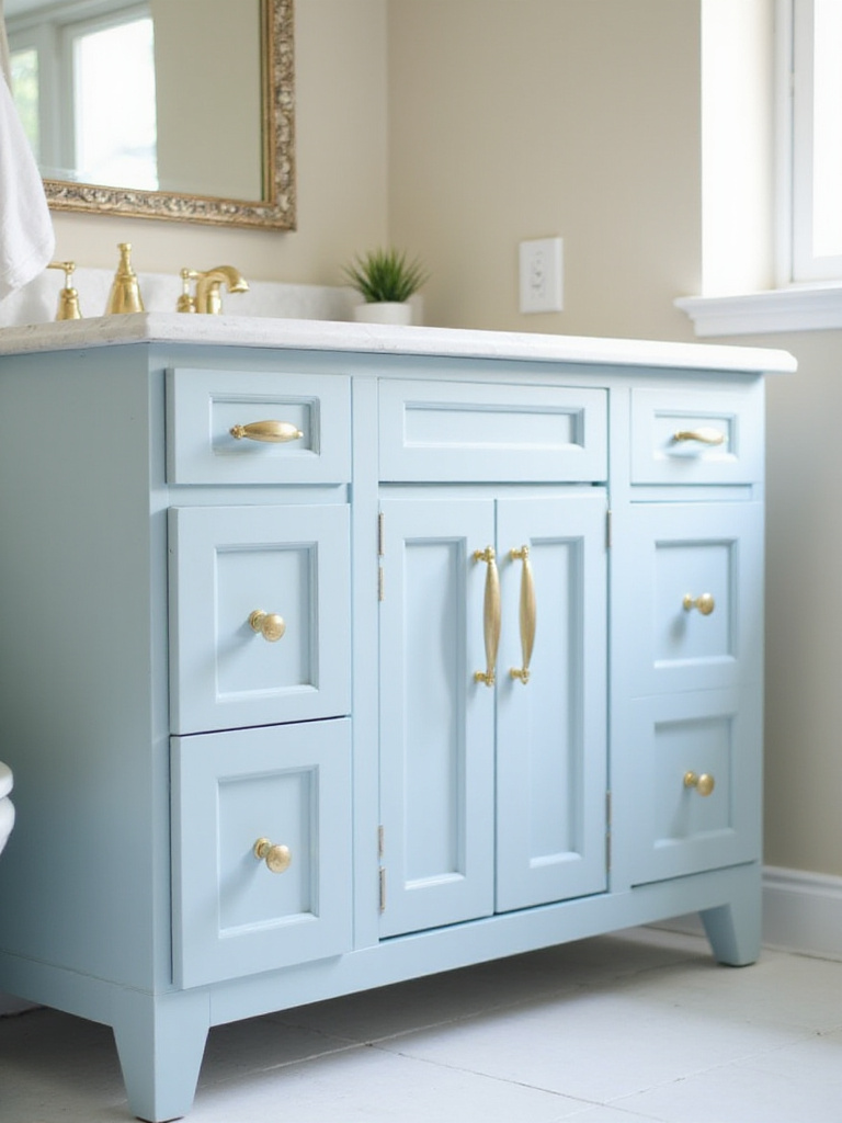 Bathroom vanity with light blue paint and brushed gold hardware.