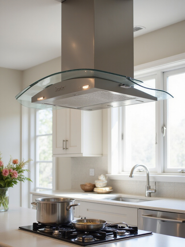 Modern kitchen with stainless steel range hood providing ventilation above a gas cooktop.