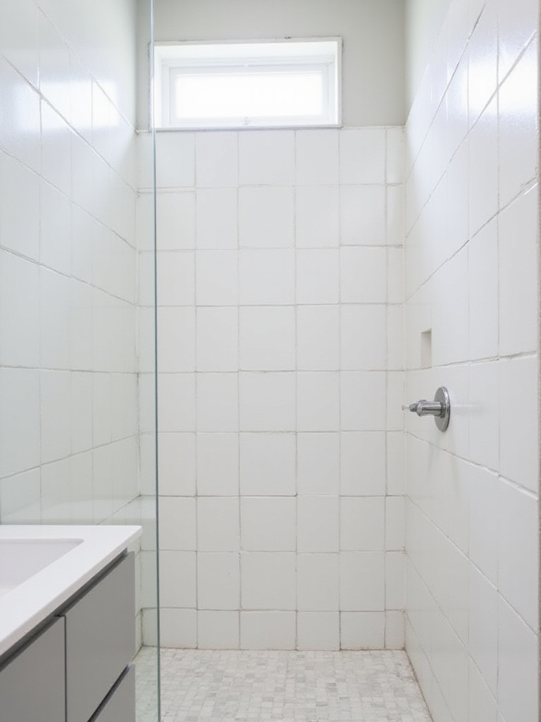 Small bathroom with vertical white subway tile shower to create the illusion of a taller ceiling