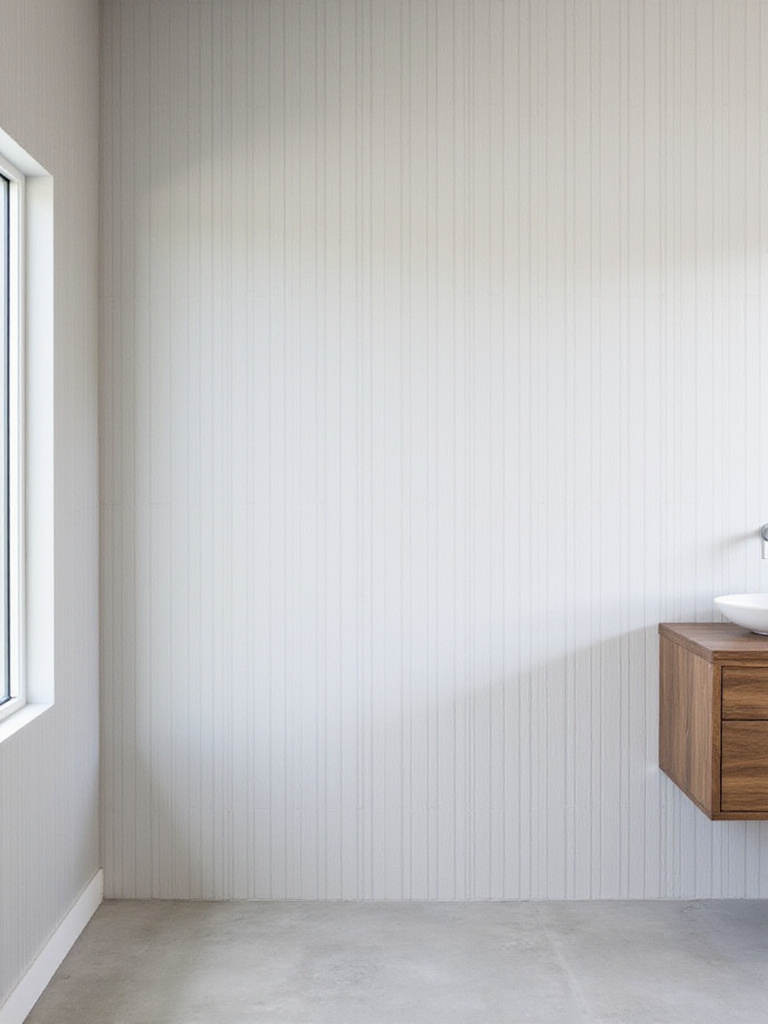 Modern bathroom with vertically stacked white rectangular tiles, elongated space