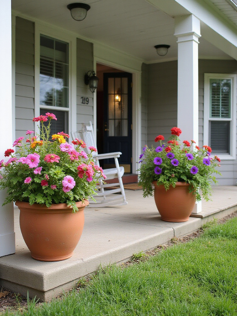 Vibrant flower pots bursting with colorful blooms add instant curb appeal to a welcoming front porch.