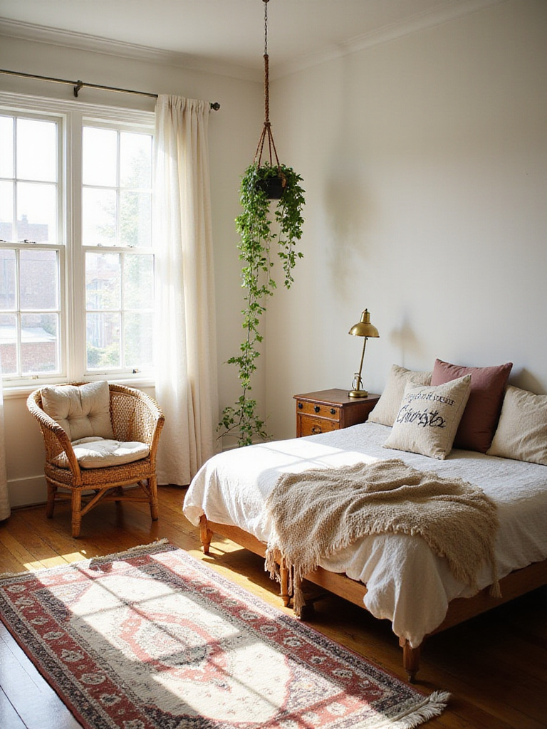 Boho bedroom interior with vintage rug, wicker chair, and wooden chest.