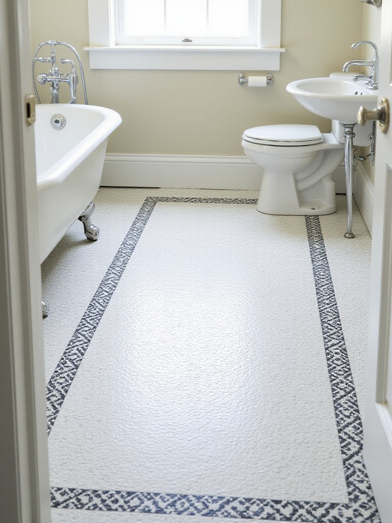 Vintage bathroom with white penny tile floor and black geometric border