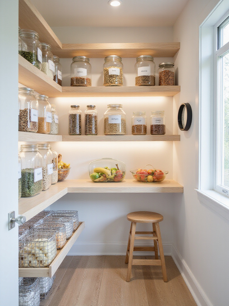 Modern walk-in pantry with light wood shelves, clear containers, and organized storage.
