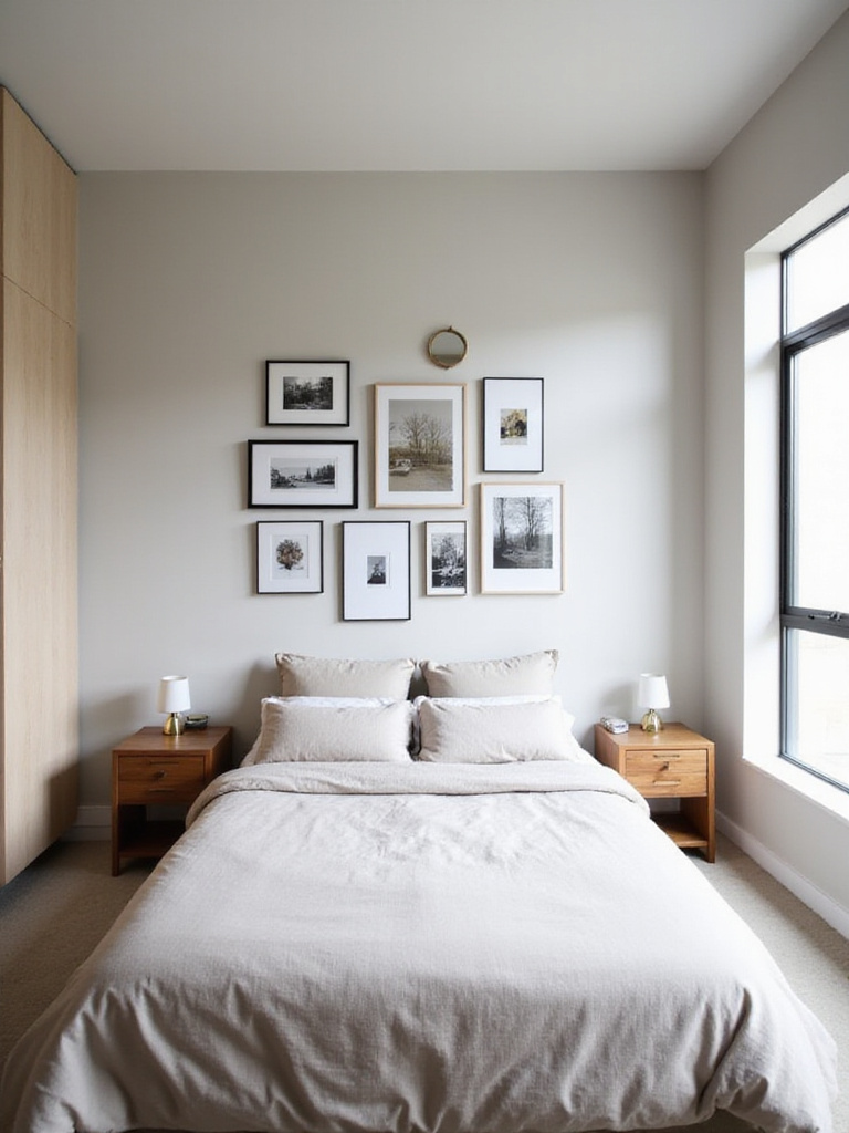 Modern bedroom with a gallery wall above the bed showcasing personal style.