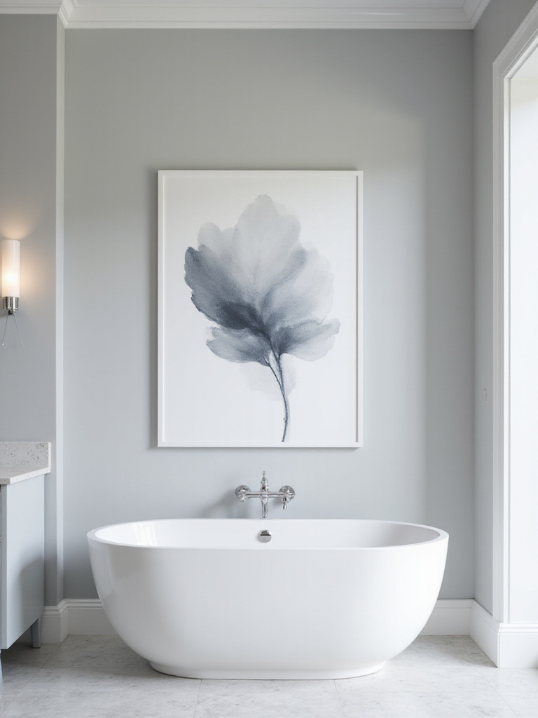 Modern bathroom with abstract watercolor art above a freestanding bathtub.