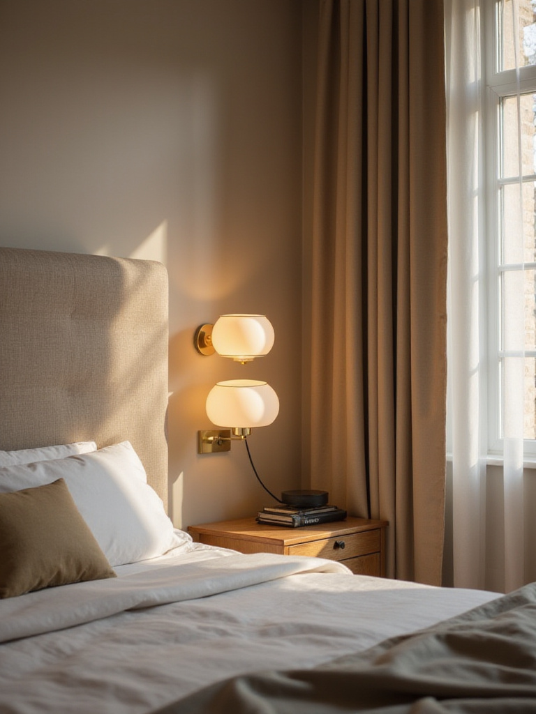 Bedroom with wall sconces providing soft, ambient lighting on either side of the bed.