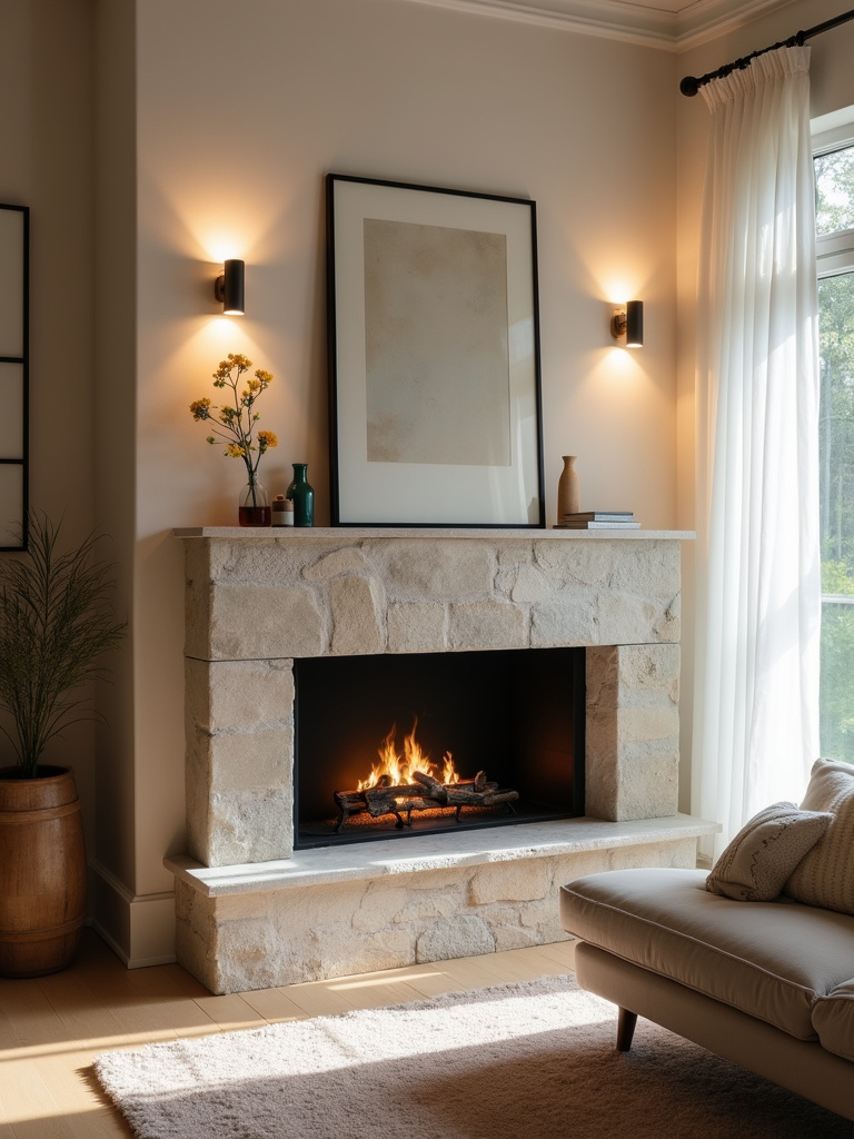 Living room with fireplace and modern wall sconces providing ambient lighting.