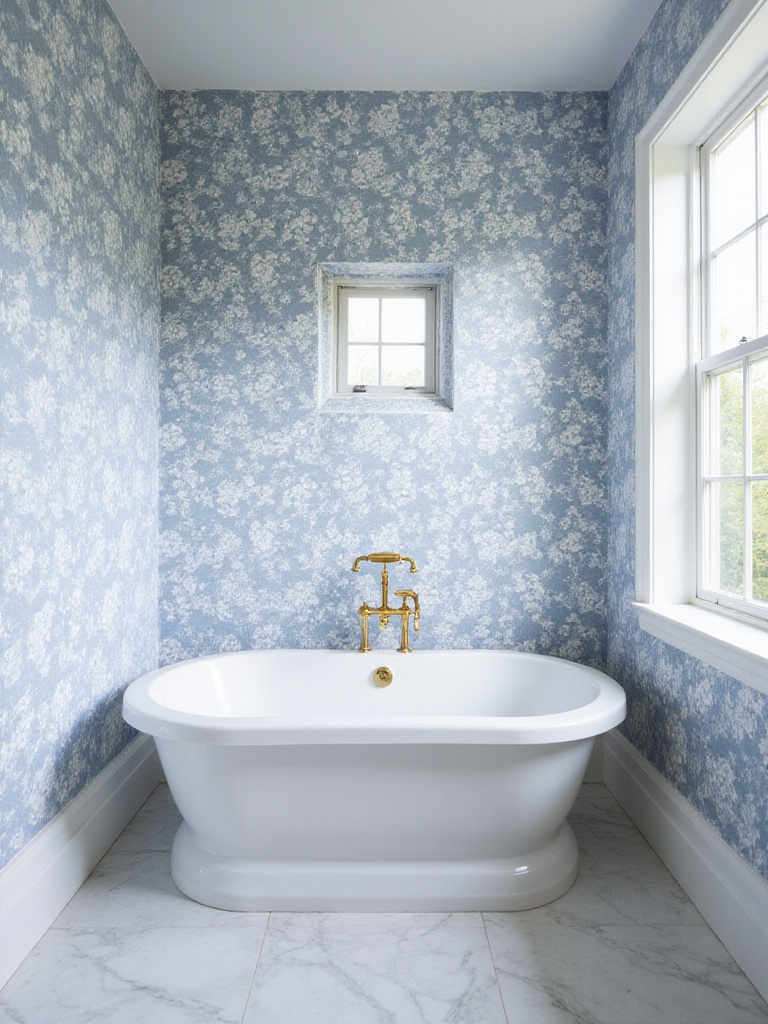 Bathroom featuring blue and white floral wallpaper.