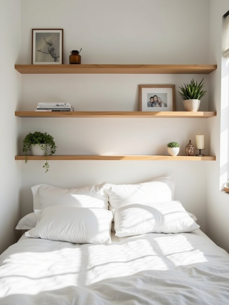 Small bedroom design: Wall-mounted shelves above bed for space-saving storage