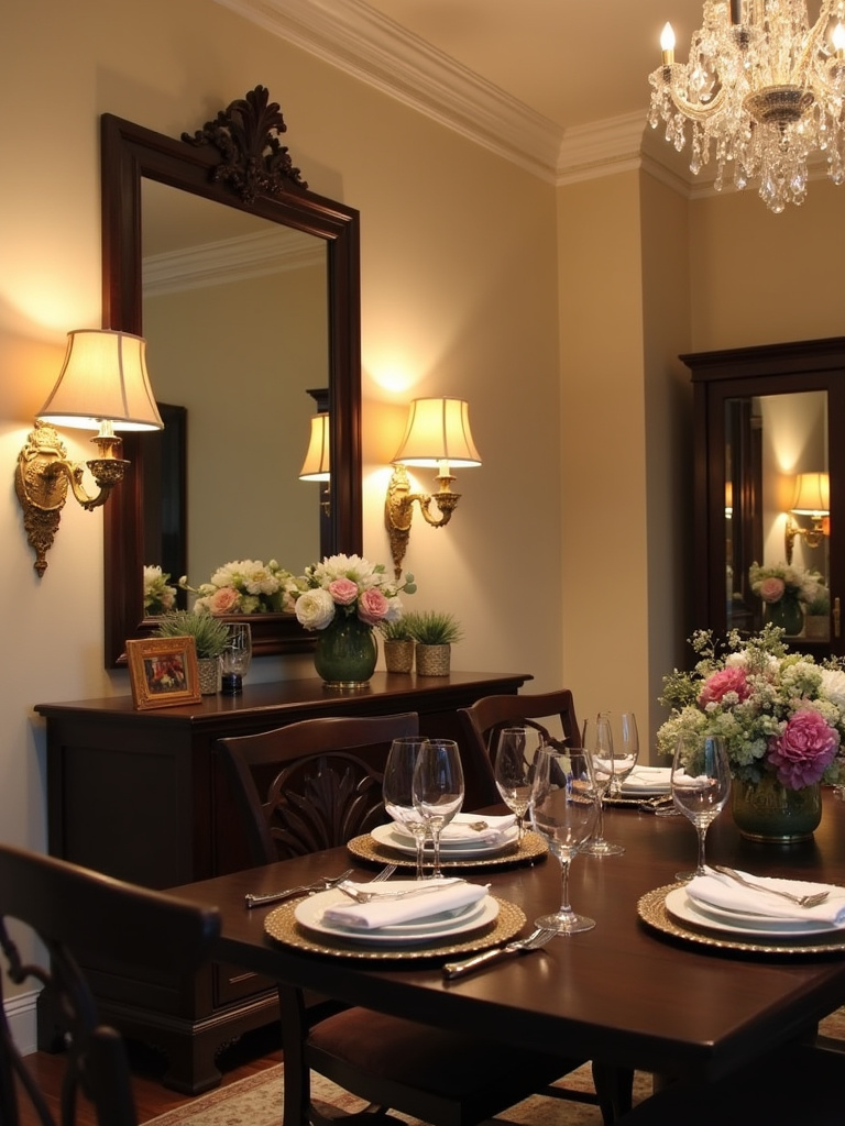 Dining room with warm lighting from brass wall sconces.