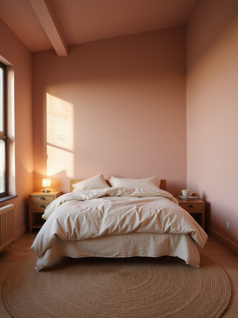 Cozy bedroom with warm, dusty rose walls and layered bedding in cream and beige tones.
