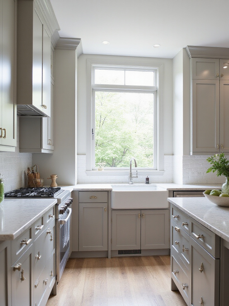 Warm gray kitchen cabinets and light gray walls create a modern and inviting kitchen ambiance.