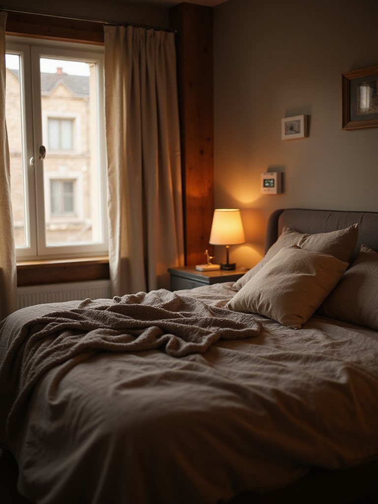 Cozy bedroom with comfortable temperature setting on thermostat