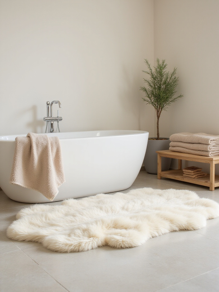 Cozy bathroom interior with plush sheepskin rug and stack of soft Turkish cotton towels.