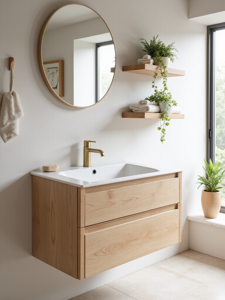 Bathroom featuring natural wood vanity and shelves