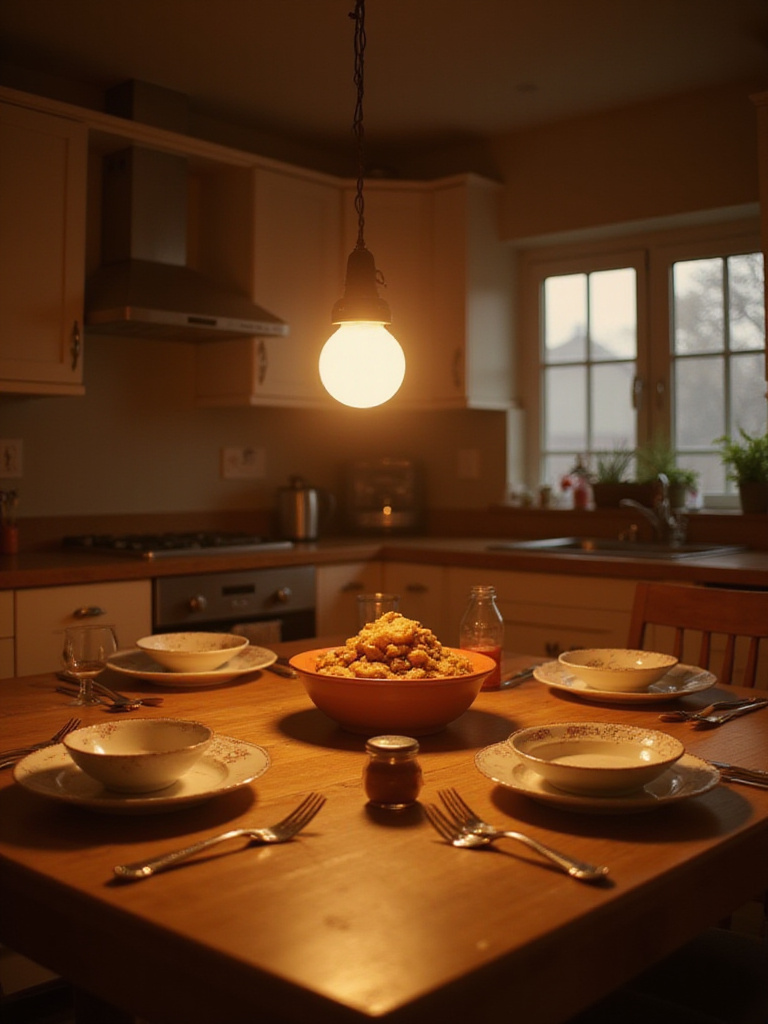 Warm white pendant light illuminating a kitchen table set for dinner