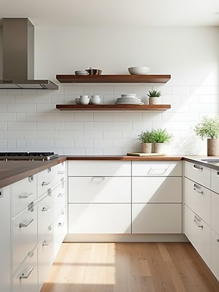 Contemporary kitchen with white cabinets and warm walnut butcher block island countertop and open shelving.