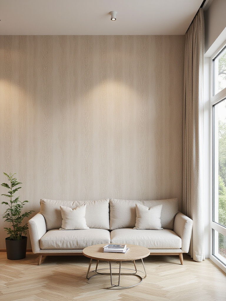 Living room with wood-effect wallpaper accent wall