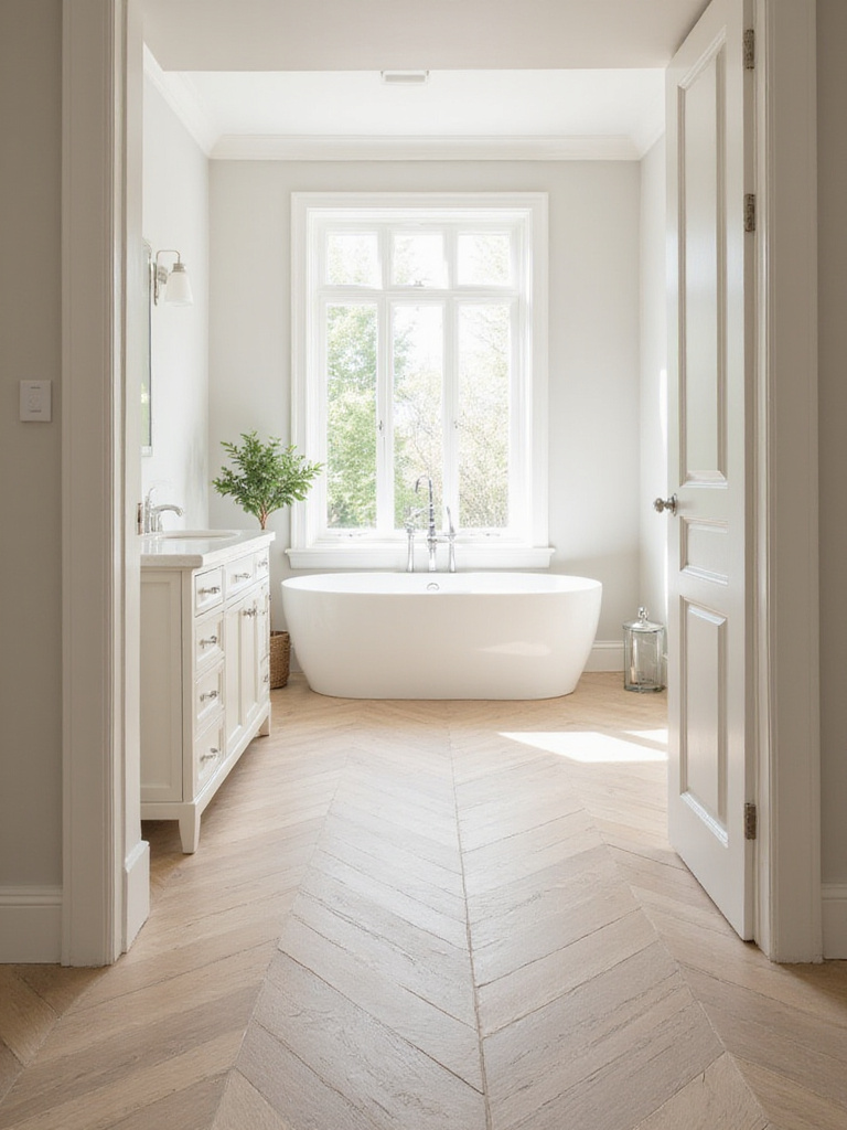Bathroom with light oak wood-look porcelain tile flooring in a herringbone pattern