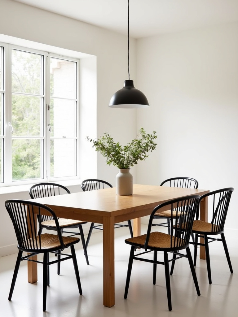 Modern dining room featuring a light oak wooden dining table with black metal chairs and a minimalist pendant light.