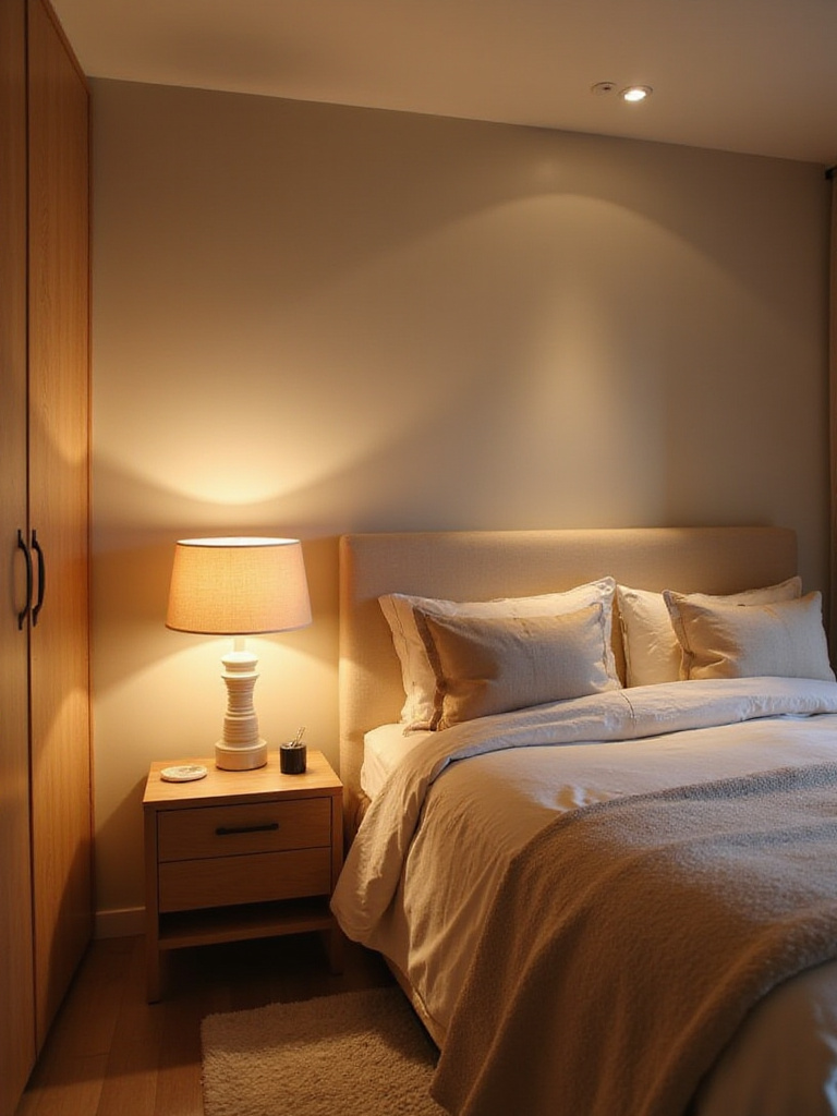 Warm and inviting bedroom with soft, layered lighting