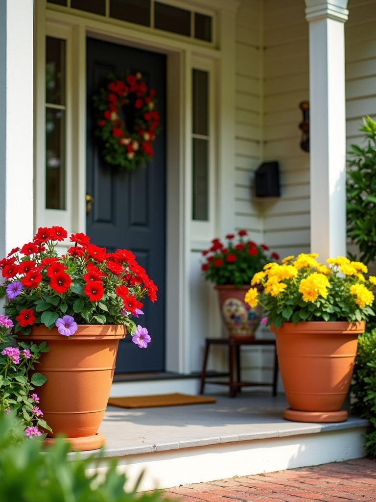 Vibrant flower pots and planters flanking a front door, enhancing curb appeal.