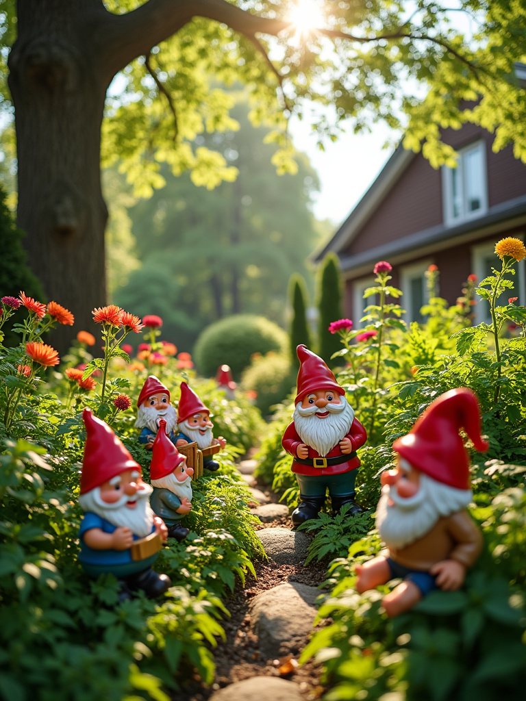 Playful garden gnomes nestled amongst lush plants in a whimsical backyard oasis.