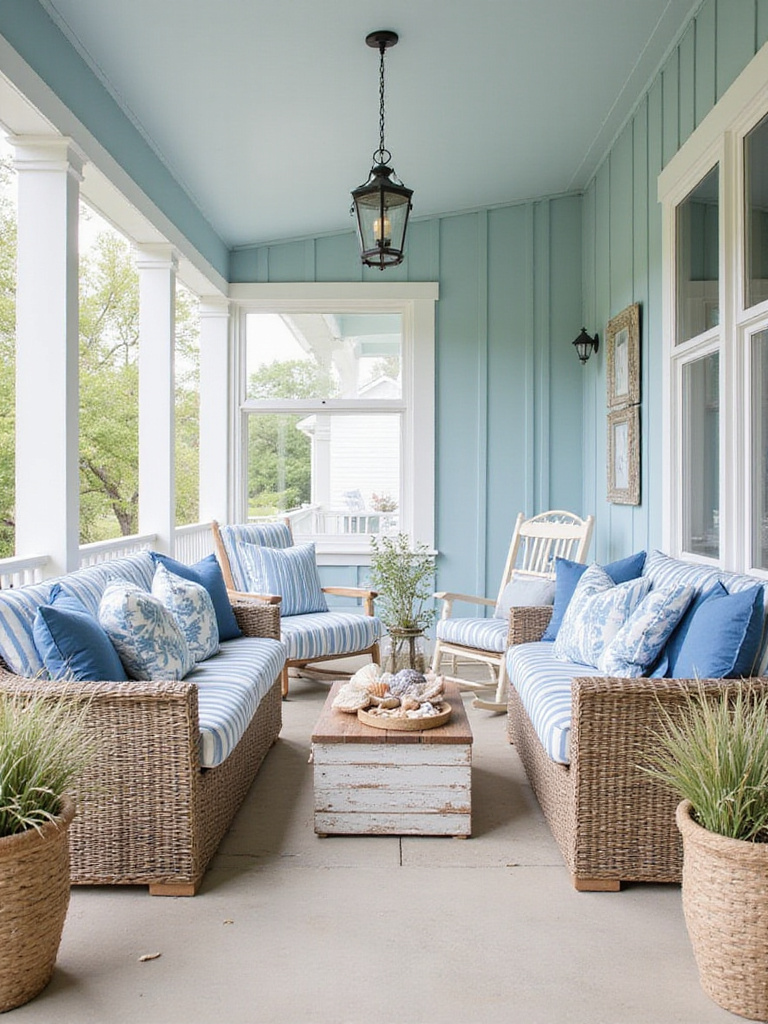 Coastal style front porch with wicker furniture and nautical décor