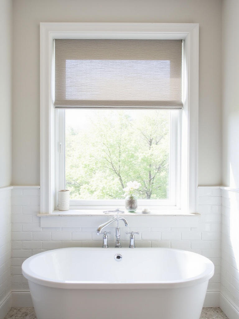Bathroom window with faux wood blinds providing privacy and natural light