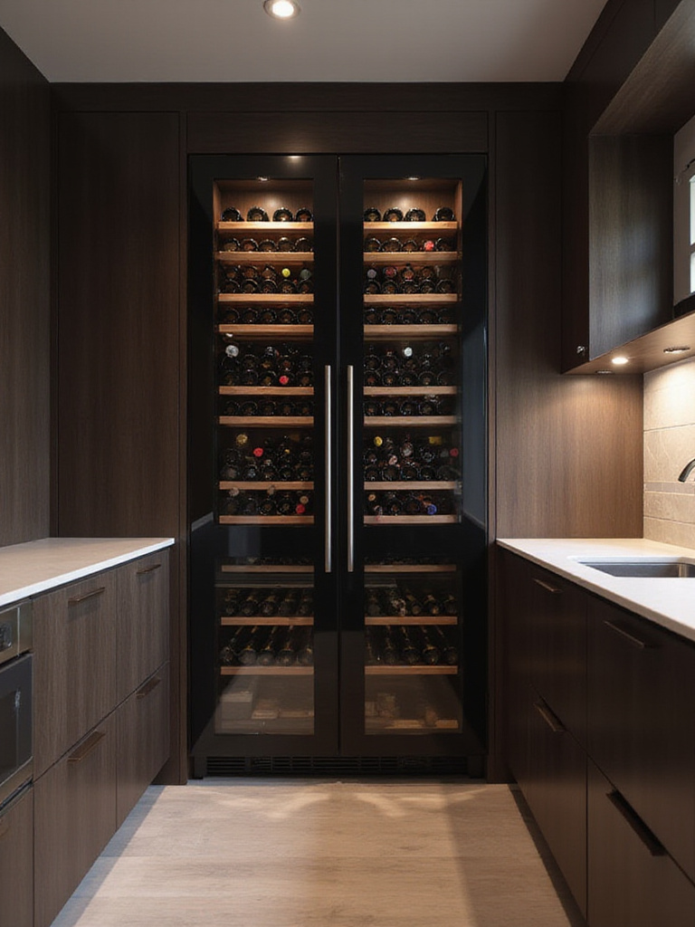 Modern luxury kitchen with built-in wine refrigerator showcasing wine collection.