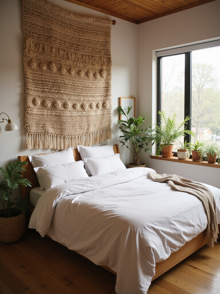 Boho bedroom with woven tapestry wall hanging