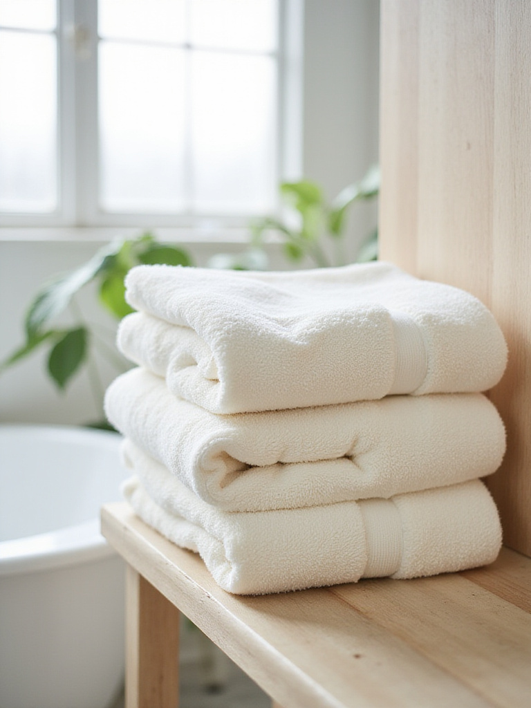 Soft, eco-friendly organic cotton towels neatly stacked on a wooden shelf in a bright bathroom.