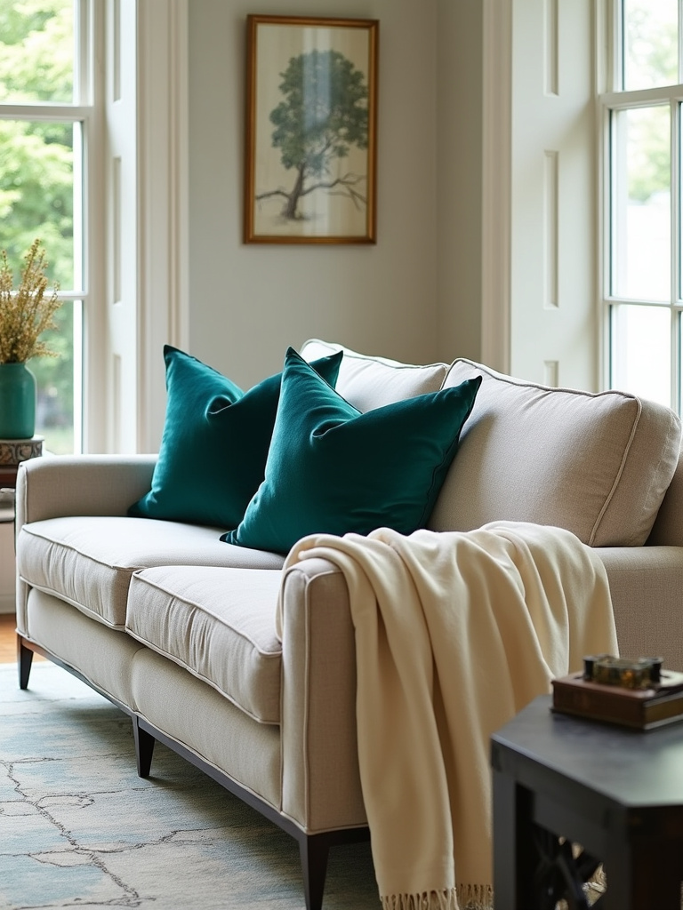 Luxurious living room with silk cushions, cashmere throw, and silk rug.