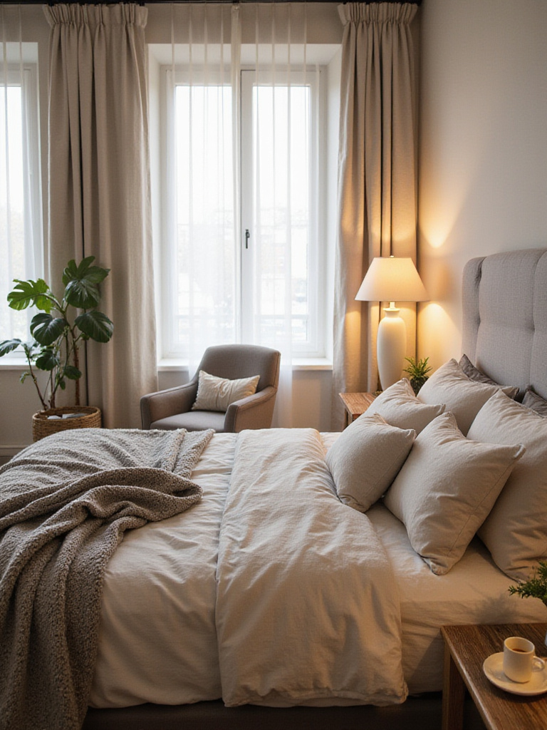 Comfortable and relaxing bedroom interior with plush bedding and soft lighting.